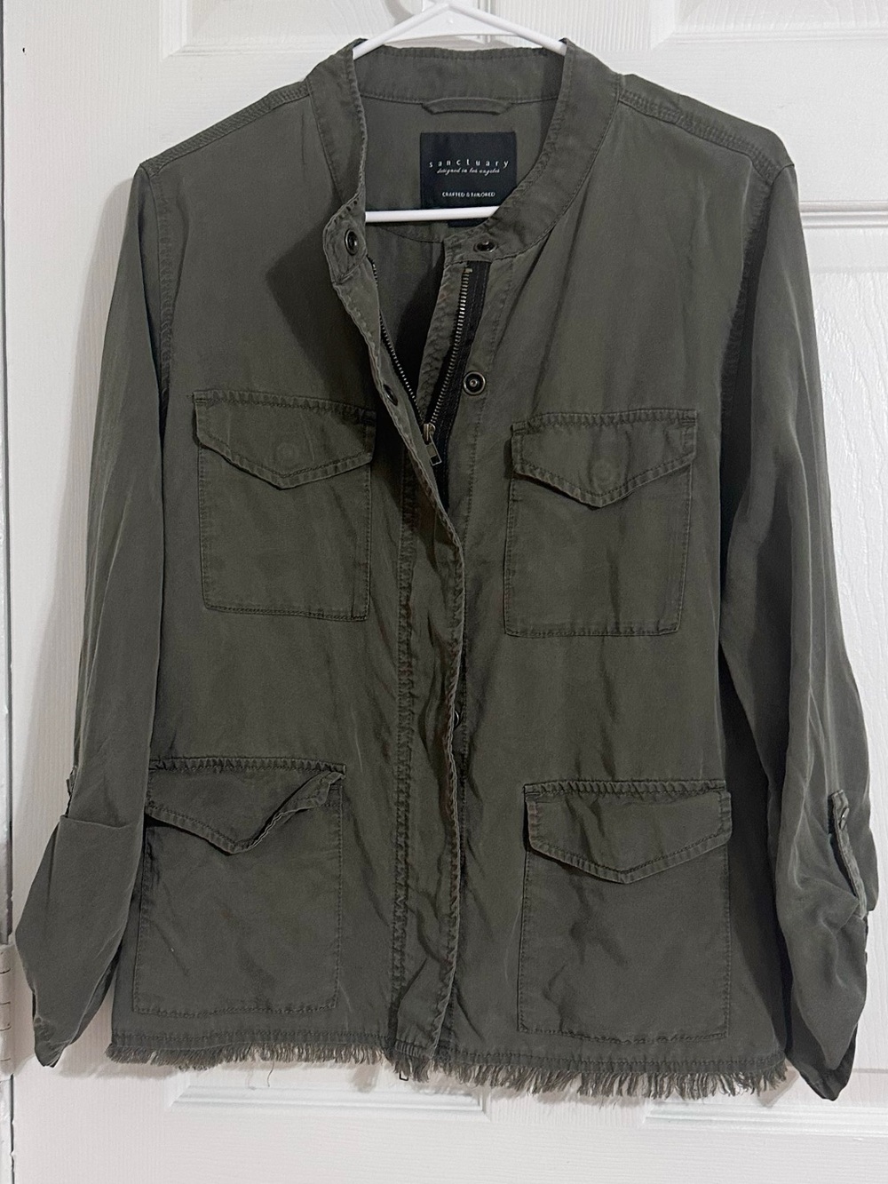 Sanctuary Utility Jacket M Army Green Frayed Hem Lyocell Military Lightweight - Picture 3 of 10